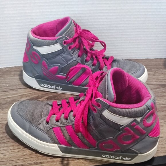 Adidas High top canvas sneakers grey with 3 pink stripes girl youth size 4.5 - Picture 1 of 11